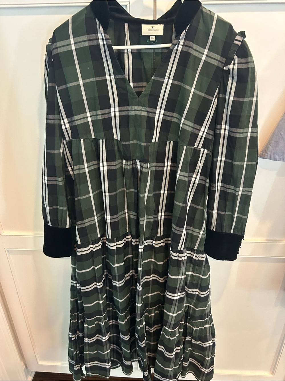 Tuckernuck Green Plaid V-Neck Tiered Midi Dress with Black Velvet Cuffs